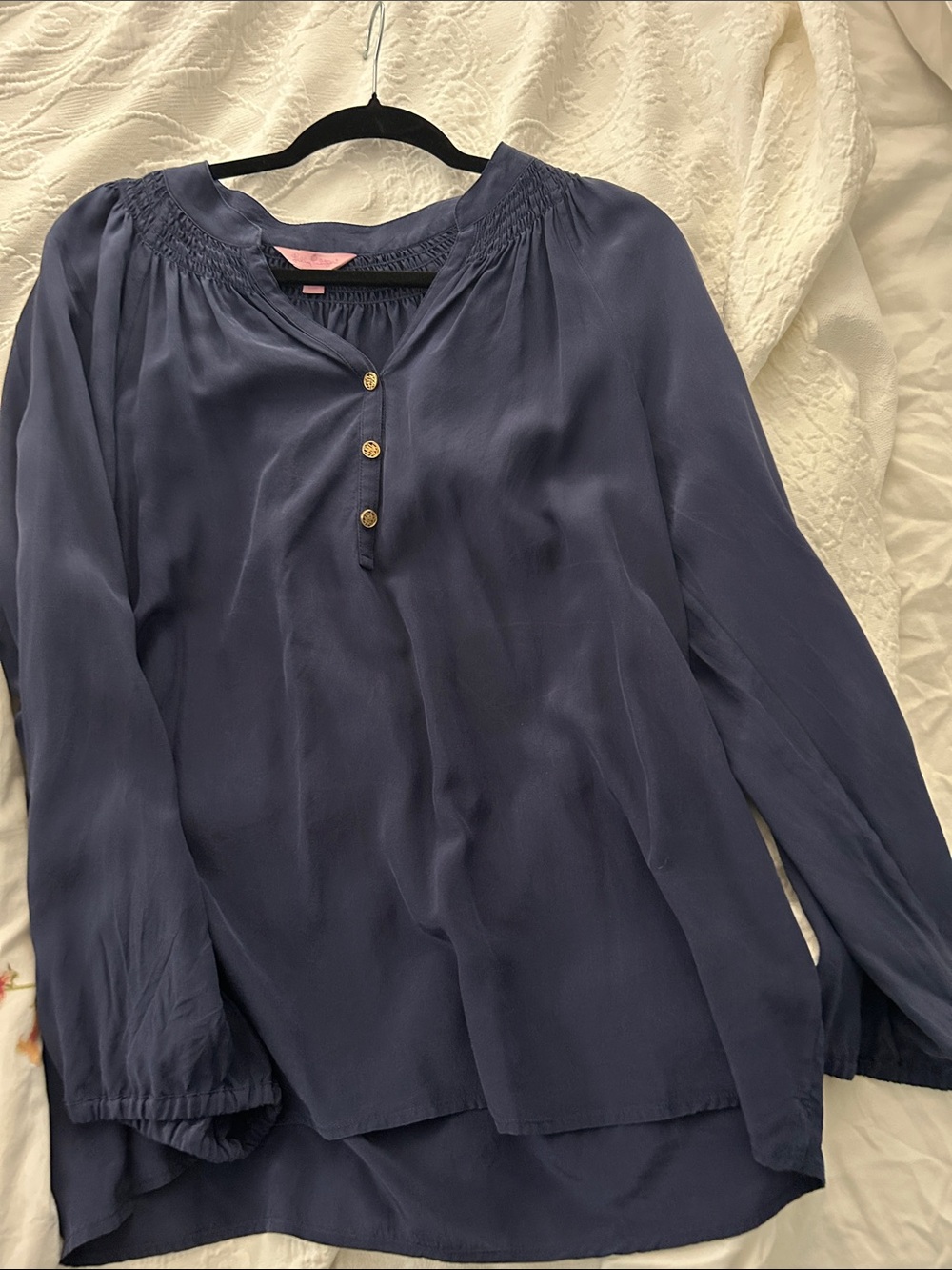 Lilly Pulitzer Navy Smocked Yoke Long-Sleeve Blouse with Gold Buttons